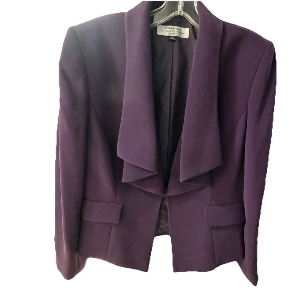 Tahari Arthur S Levine Purple‎ Blazer Women 10P Petite Ruffle Open Front